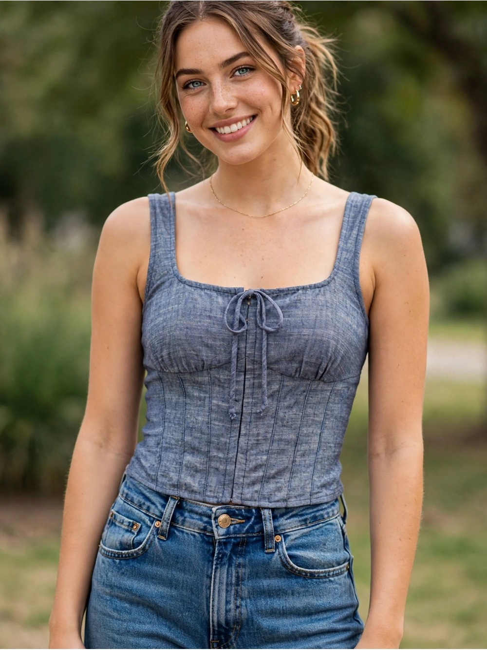 Sienna Sky Blue Tie-Front Corset Camisole